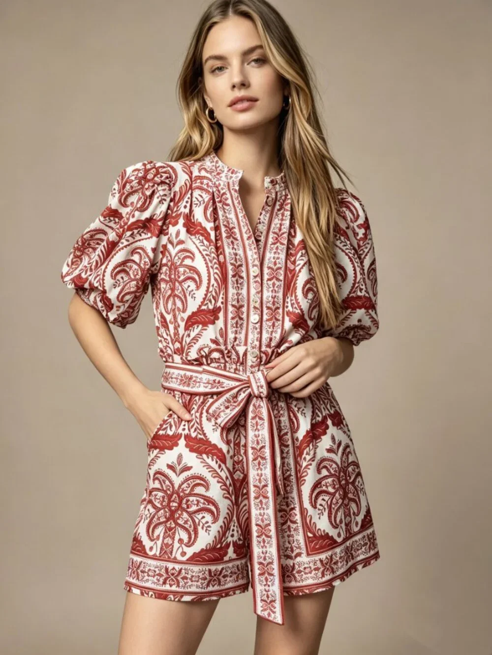 NWT Farm Rio Tropical Cameo Belted Romper Size M 100% Cotton Puff Sleeves
